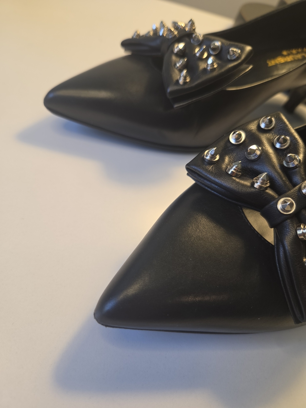 Saint Laurent Black Leather Studded Bow Pointed-Toe Heels - Picture 4 of 11